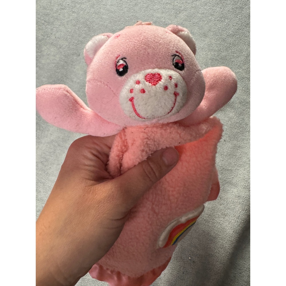 Care Bears Cheer Bear Pink Baby Security Blanket Lovey Plush Rainbow Satin Trim